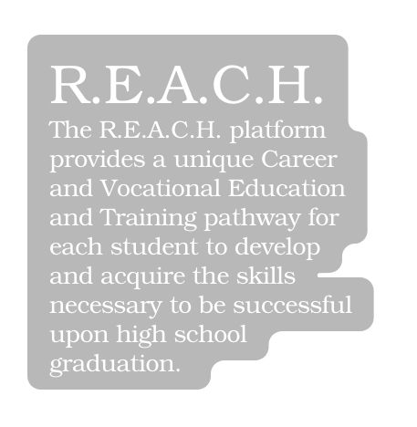 R E A C H The R E A C H platform provides a unique Career and Vocational Education and Training pathway for each student to develop and acquire the skills necessary to be successful upon high school graduation